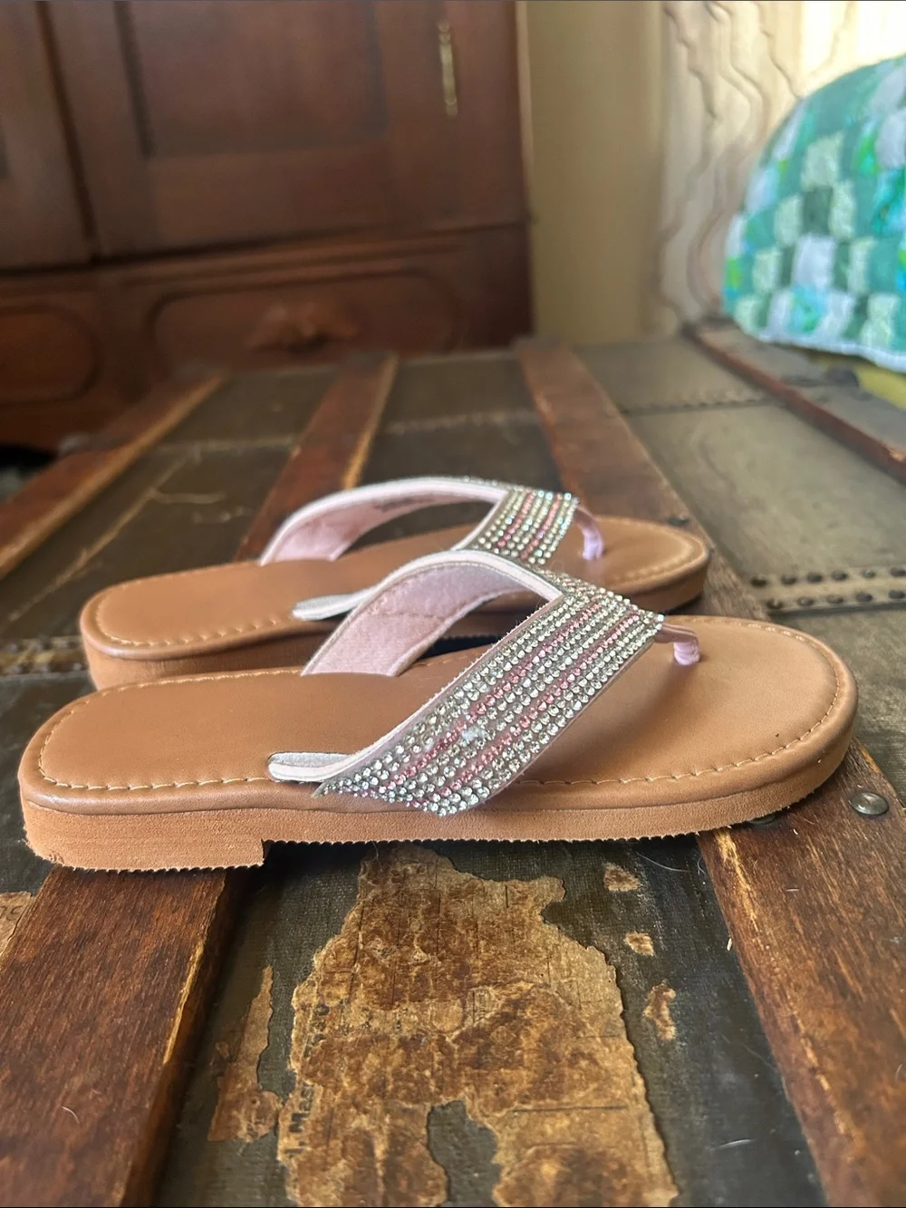 Embellished Pink Strap Brown Footbed Flip Flops